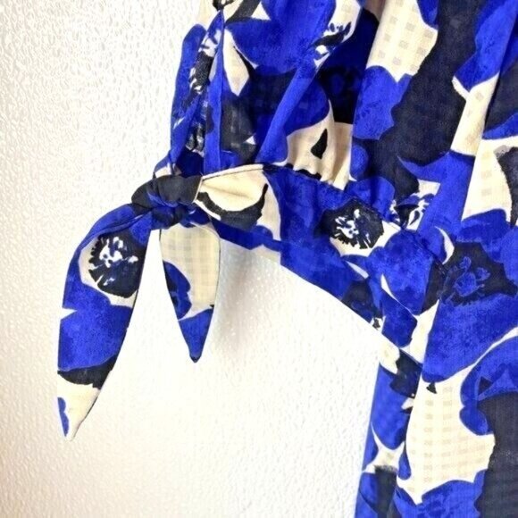 Womens L Ruffle Floral A-Line Blouse Tie Short Sleeve Button Back Who What Wear - Picture 3 of 14